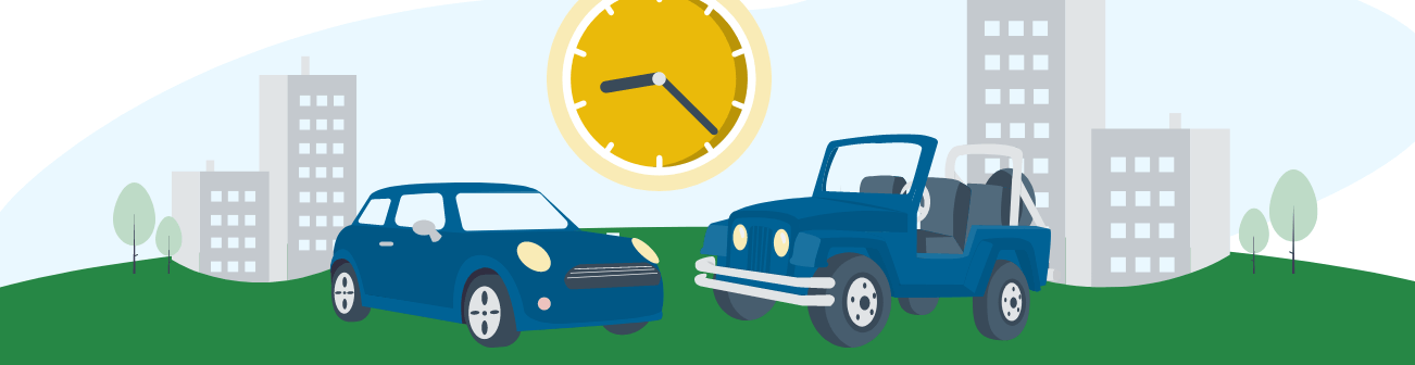 car and jeep below a clock
