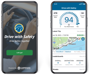 two smartphones on top of each other next to Drive with Safety: Drive better, together text