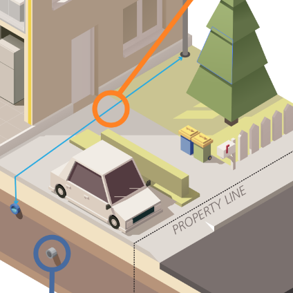 illustration of utility line between car and building